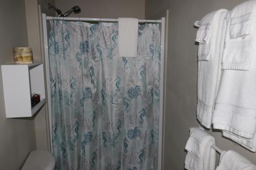 een badkamer met een douchegordijn en handdoeken bij The Lowtide Motel in Copalis Beach