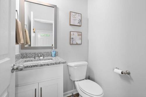 a bathroom with a toilet and a sink and a mirror at One-Of-A-Kind Smart, Cookie Themed Home For Up to 6 in Clarksville