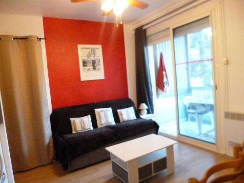 un salon avec un canapé noir et une table dans l'établissement Studio 1 étoile proche du parc et de l'établissement Thermal, équipé pour 2 personnes - FR-1-571-58, à Balaruc-les-Bains