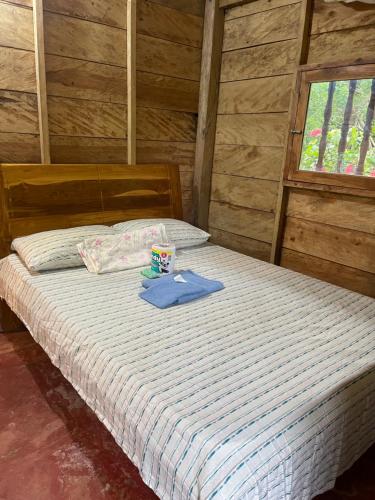 a bedroom with a bed with a blue shirt on it at Finca Dos Apóstoles 