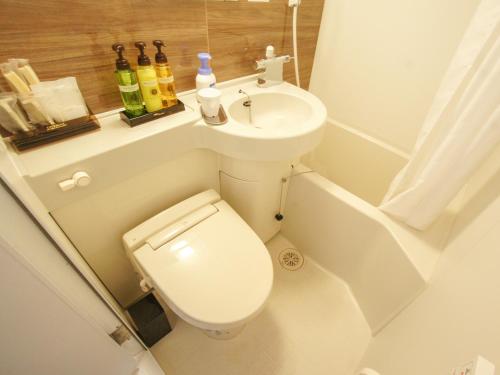 Baño pequeño con aseo y lavamanos en HOTEL LiVEMAX Sagamihara Ekimae, en Sagamihara