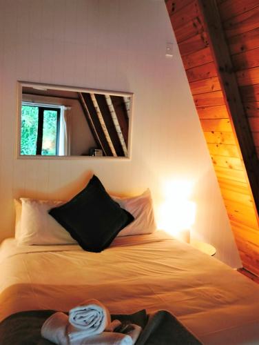a bedroom with a large bed with a mirror at Wonderland Makarora Lodge in Makarora