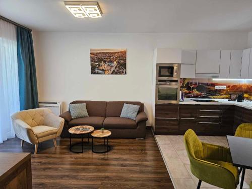 Il comprend un salon avec un canapé et une cuisine. dans l'établissement Residence Port Royal, à Keszthely