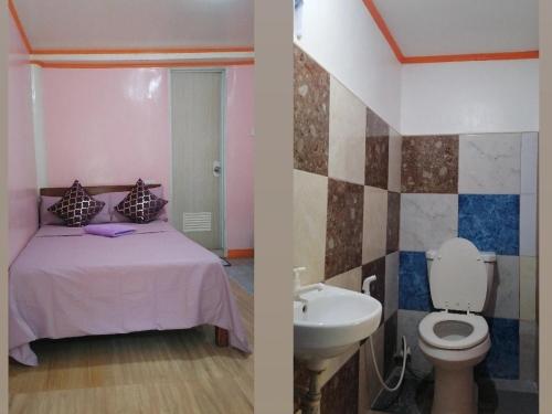 - deux photos d'une salle de bains avec un lit et un lavabo dans l'établissement J&J Tourist Inn, à Panglao