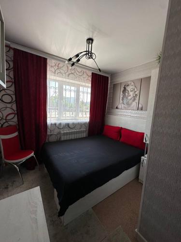 a bedroom with a black bed with red pillows at Sport Hotel Terra in Ustʼ-Kamenogorsk