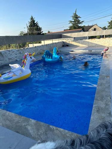 een zwembad met wat speelgoed in het water bij Petite maison 4/6 personnes in Les Ponts-de-Cé