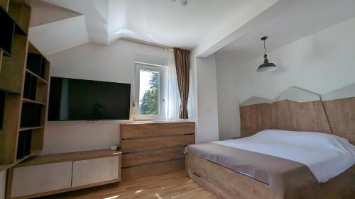 a bedroom with a bed and a flat screen tv at Apartman ANA in Žabljak