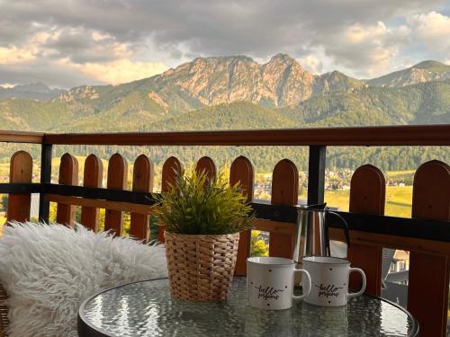 考斯賽力克的住宿－Dom na Wierchu，阳台上的桌子上放着两杯和盆栽植物