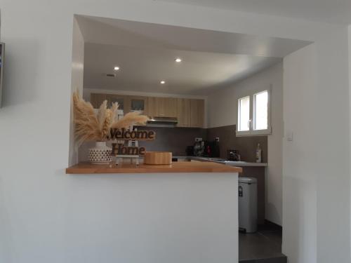 a kitchen with a counter in the middle at la java in Saint-Cyran-du-Jambot