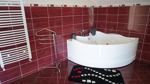 a bathroom with a white sink in a red tiled wall at Vila Vesna in Arandjelovac