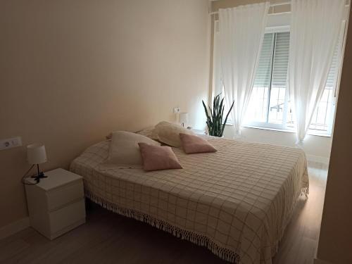 マラガにあるapartamentoのベッドルーム1室(ピンクの枕が付くベッド1台、窓付)