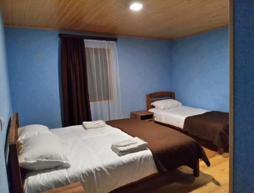 2 camas en una habitación con paredes azules en Hotel Kepney en Omalo