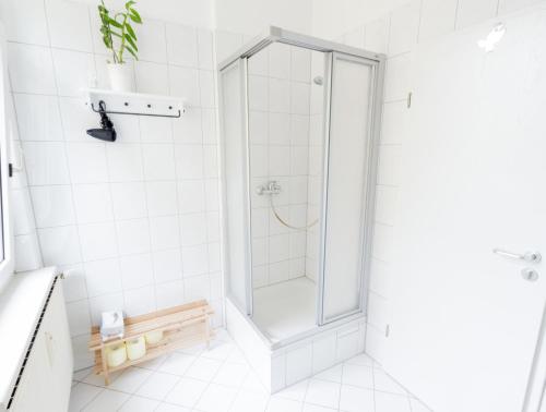 a shower with a glass door in a bathroom at Wohnung Peter in Weimar