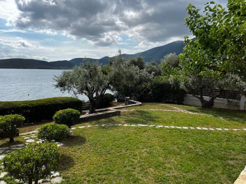 a garden with a view of a body of water at Villa Liana in Soúrpi