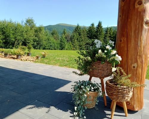 two baskets with flowers in them on a patio at Wetlina Poza Trasą in Wetlina