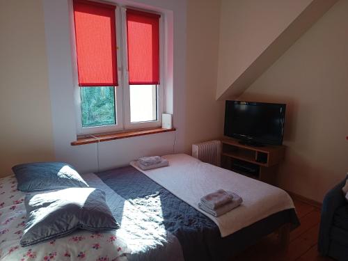 a small bedroom with a bed and a tv at Ostoja u Moni in Stare Juchy