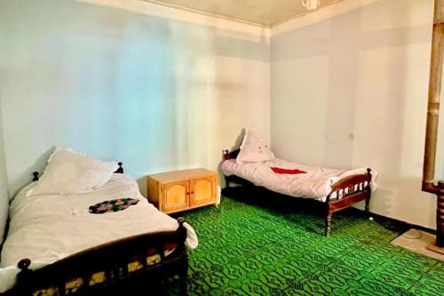 Duas camas num quarto com alcatifa verde em Ismayilli Bag Evi, Vacation Home em Ismailli