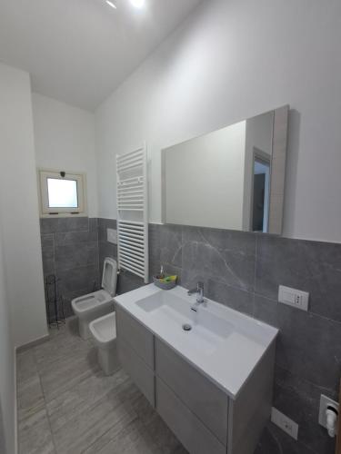 uma casa de banho com um lavatório, um WC e um espelho. em La Rosa Verde di Francavilla Marittima em Francavilla Marittima