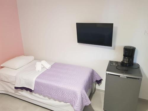 a bedroom with a bed and a tv on a wall at Amaya Pine Rooms in Keramoti