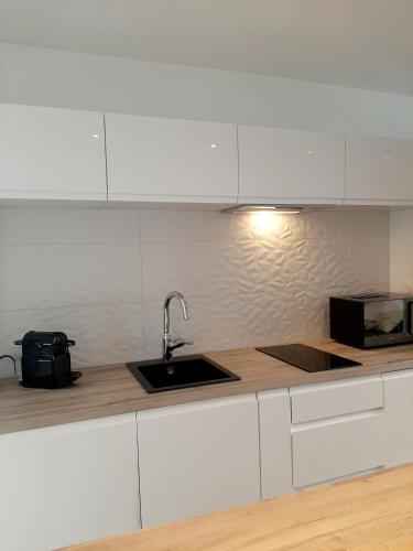 une cuisine avec un évier et un plan de travail dans l'établissement Studio Calypso, à La Rochelle