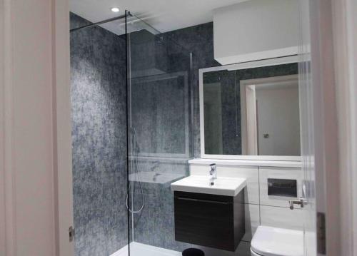 La salle de bains est pourvue d'une douche, de toilettes et d'un lavabo. dans l'établissement Stunning 2 bed apartment with sea views, Penzance, à Penzance