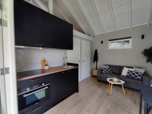Park De Driesprong في نيووفين: مطبخ وغرفة معيشة مع أريكة وطاولة