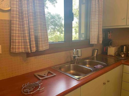 um balcão de cozinha com um lavatório e uma janela em Souda’s nest em Plakiás