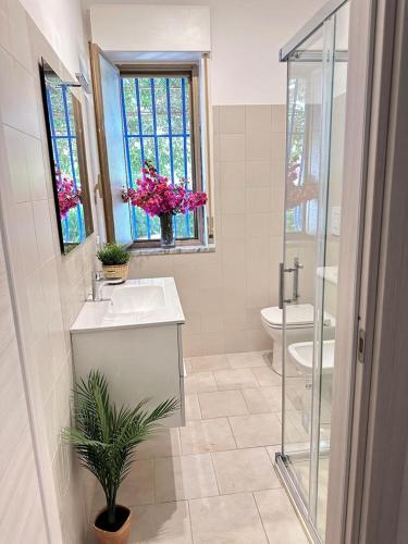 a bathroom with a sink and a toilet and a window at Villa Eleonora in Palmi