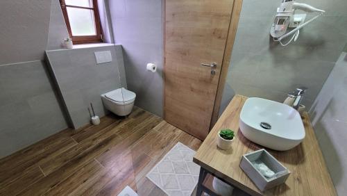 a bathroom with a white sink and a toilet at B&B Plitvica Villa Prica in Plitvička Jezera
