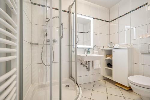 a bathroom with a shower and a toilet and a sink at Birkenstraße 15c Whg 9 in Zingst