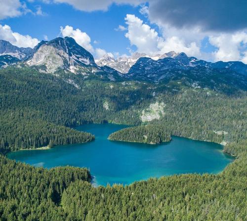 an aerial view of a lake in the mountains at Apartman ANA in Žabljak