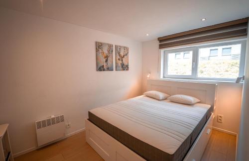 um quarto com uma cama e uma janela em Apparts Simee-Les Terrasses de Malmedy em Malmedy