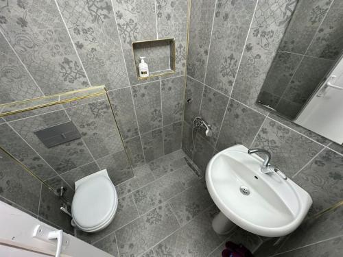 bagno con lavandino e servizi igienici di Olympos Likya Apart Otel a Yenbey
