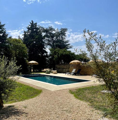a swimming pool in a garden with two lawn chairs at Le Château de Leugny in Oiron