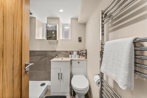 a small bathroom with a toilet and a sink at Stunning Church Conversion Apartment in Sheffield