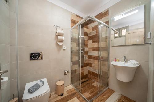a bathroom with a shower and a toilet and a sink at Mirabilia Apartment in Sami