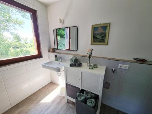 La salle de bains blanche est pourvue d'un lavabo et d'une fenêtre. dans l'établissement Apartment Einssein Bergfried - mit Weitblick, à Dettingen unter Teck