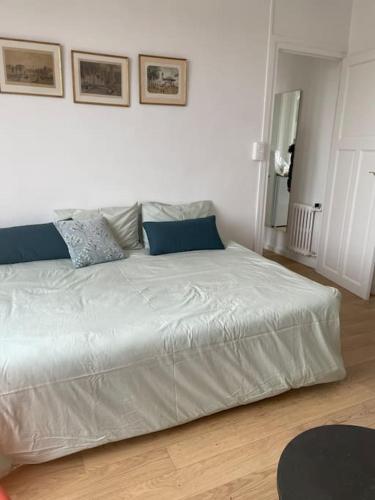 - un lit blanc avec des oreillers bleus dans l'établissement Studio Vichy avec vue, à Vichy