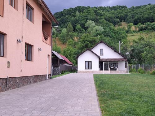 Bîrsana的住宿－CASA OFRIM, Bârsana, Maramureș，两栋建筑前方的砖车道