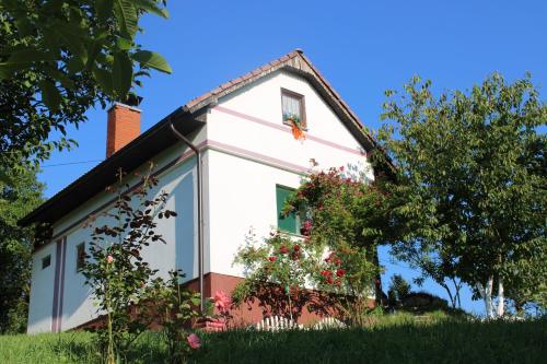 a white house with a window and flowers at Dreamhouse Bosnia in Visoko