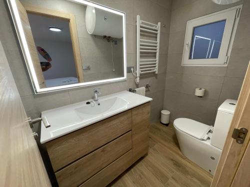 a bathroom with a sink and a toilet and a mirror at Pinet Playa in Alicante