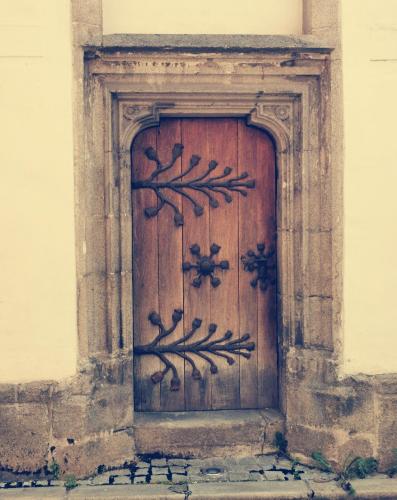a wooden door with a metal design on it at Zentrumsnahe Privatunterkunft Freistadt in Freistadt