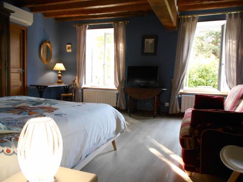 a bedroom with a bed and a tv and two windows at les bruyères in Méry-sur-Cher