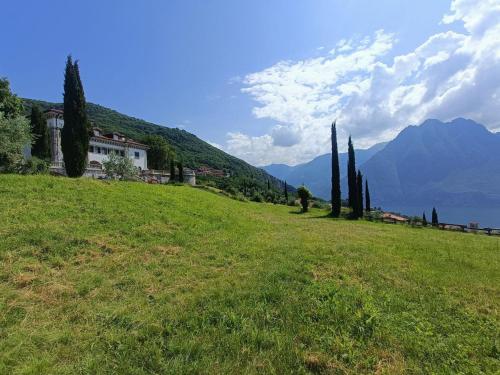 a field with trees and a house on a hill at Villa Hélène in Solto Collina