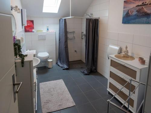 a bathroom with a shower and a toilet and a sink at Casa Mosella in Riol