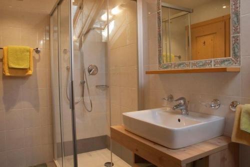 a bathroom with a sink and a shower at Maurerhof in Racines
