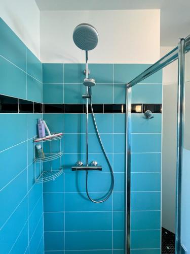 La salle de bains bleue est pourvue d'une douche avec un pommeau de douche. dans l'établissement Maison Sainte-Sabine Castels, à Castels