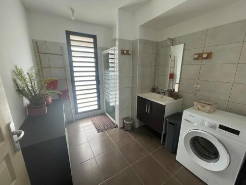 a bathroom with a washing machine and a sink at LE LAGON La Saline Les Bains vue mer, piscine in La Saline les Bains