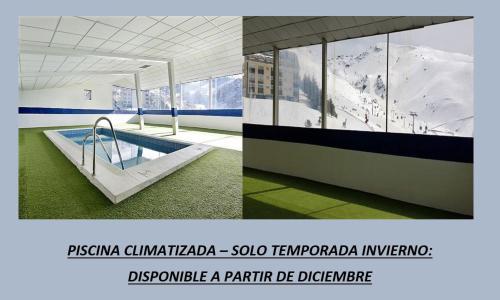 un collage de dos fotos de un edificio con piscina en TODOSIERRANEVADA ZONA BAJA - EDIFICIO ALHAMBRA - Piscina y Wifi - Junto a los Telecabinas en Sierra Nevada