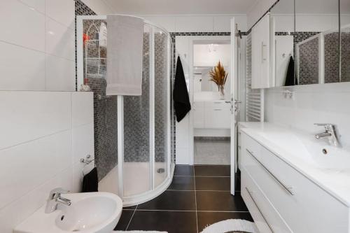 uma casa de banho branca com um lavatório e um chuveiro em Casa Vivace em Michelstadt